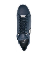 dunkelblaue verzierte Leder niedrige Sneakers von Billionaire
