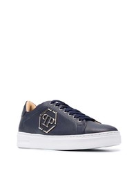 dunkelblaue verzierte Leder niedrige Sneakers von Philipp Plein