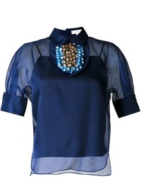 dunkelblaue verzierte Seide Bluse von DELPOZO