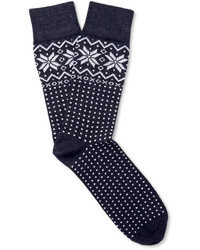 dunkelblaue Wollsocken mit Norwegermuster