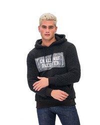 dunkelblauer bedruckter Fleece-Pullover mit einem Kapuze von Tom Barron