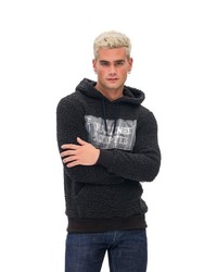 dunkelblauer bedruckter Fleece-Pullover mit einem Kapuze von Tom Barron