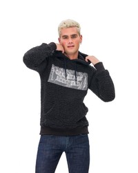 dunkelblauer bedruckter Fleece-Pullover mit einem Kapuze von Tom Barron