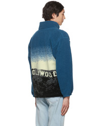 dunkelblauer bedruckter Fleece-Pullover mit einem Reißverschluß von Awake NY