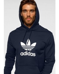 dunkelblauer bedruckter Pullover mit einem Kapuze von adidas Originals