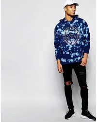 dunkelblauer bedruckter Pullover mit einem Kapuze von Asos