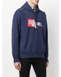 dunkelblauer bedruckter Pullover mit einem Kapuze von Diesel