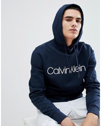 dunkelblauer bedruckter Pullover mit einem Kapuze von Calvin Klein
