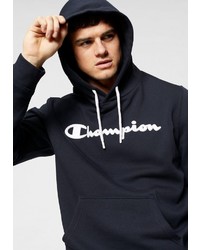 dunkelblauer bedruckter Pullover mit einem Kapuze von Champion