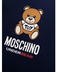 dunkelblauer bedruckter Pullover mit einem Kapuze von Moschino