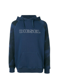 dunkelblauer bedruckter Pullover mit einem Kapuze von Diesel