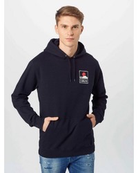 dunkelblauer bedruckter Pullover mit einem Kapuze von Edwin