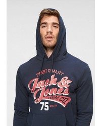 dunkelblauer bedruckter Pullover mit einem Kapuze von Jack & Jones