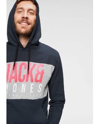 dunkelblauer bedruckter Pullover mit einem Kapuze von Jack & Jones