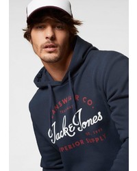 dunkelblauer bedruckter Pullover mit einem Kapuze von Jack & Jones