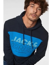 dunkelblauer bedruckter Pullover mit einem Kapuze von Jack & Jones