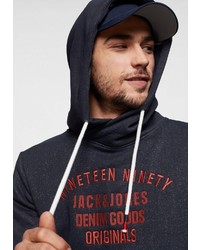 dunkelblauer bedruckter Pullover mit einem Kapuze von Jack & Jones