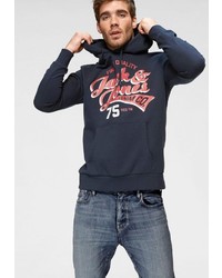 dunkelblauer bedruckter Pullover mit einem Kapuze von Jack & Jones