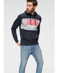 dunkelblauer bedruckter Pullover mit einem Kapuze von Jack & Jones