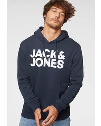 dunkelblauer bedruckter Pullover mit einem Kapuze von Jack & Jones