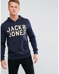 dunkelblauer bedruckter Pullover mit einem Kapuze von Jack & Jones