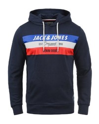 dunkelblauer bedruckter Pullover mit einem Kapuze von Jack & Jones