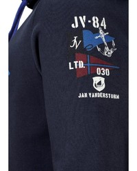 dunkelblauer bedruckter Pullover mit einem Kapuze von Jan Vanderstorm