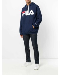 dunkelblauer bedruckter Pullover mit einem Kapuze von Fila