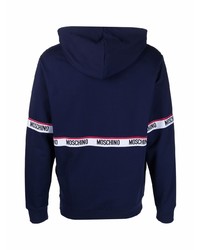 dunkelblauer bedruckter Pullover mit einem Kapuze von Moschino