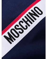 dunkelblauer bedruckter Pullover mit einem Kapuze von Moschino