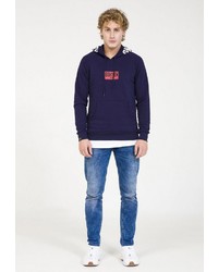 dunkelblauer bedruckter Pullover mit einem Kapuze von PLUS EIGHTEEN