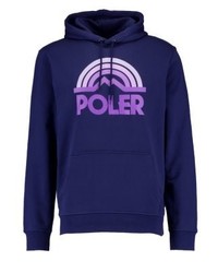 dunkelblauer bedruckter Pullover mit einem Kapuze von Poler