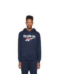 dunkelblauer bedruckter Pullover mit einem Kapuze von Reebok Classics