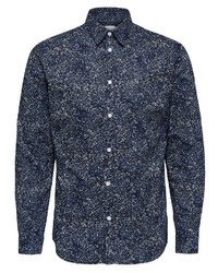 dunkelblauer bedruckter Pullover mit einem Kapuze von Selected Homme