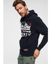 dunkelblauer bedruckter Pullover mit einem Kapuze von Superdry