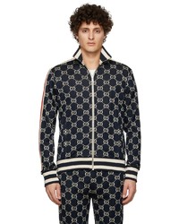 dunkelblauer bedruckter Pullover mit einem Reißverschluß von Gucci