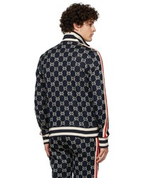 dunkelblauer bedruckter Pullover mit einem Reißverschluß von Gucci