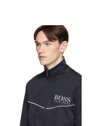 dunkelblauer bedruckter Pullover mit einem Reißverschluß von BOSS