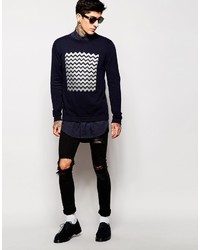 dunkelblauer bedruckter Pullover mit einem Rundhalsausschnitt von Asos