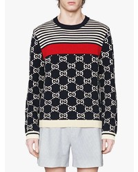 dunkelblauer bedruckter Pullover mit einem Rundhalsausschnitt von Gucci