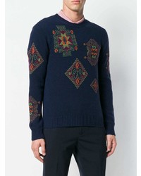 dunkelblauer bedruckter Pullover mit einem Rundhalsausschnitt von Etro