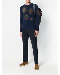 dunkelblauer bedruckter Pullover mit einem Rundhalsausschnitt von Etro