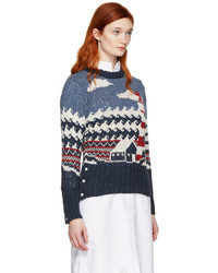 dunkelblauer bedruckter Pullover mit einem Rundhalsausschnitt von Thom Browne