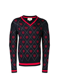 dunkelblauer bedruckter Pullover mit einem V-Ausschnitt von Gucci