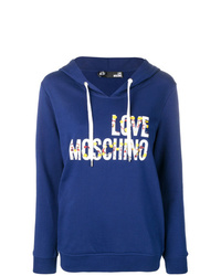dunkelblauer bedruckter Pullover mit einer Kapuze von Love Moschino