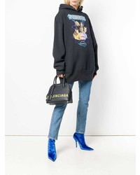 dunkelblauer bedruckter Pullover mit einer Kapuze von Balenciaga
