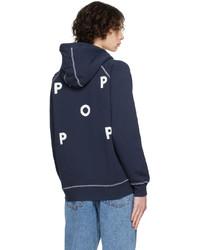 dunkelblauer bestickter Pullover mit einem Kapuze von Pop Trading Company