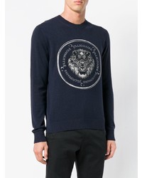 dunkelblauer bestickter Pullover mit einem Rundhalsausschnitt von Billionaire