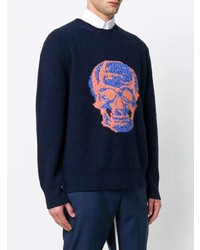 dunkelblauer bestickter Pullover mit einem Rundhalsausschnitt von Alexander McQueen