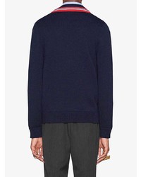 dunkelblauer bestickter Pullover mit einem V-Ausschnitt von Gucci